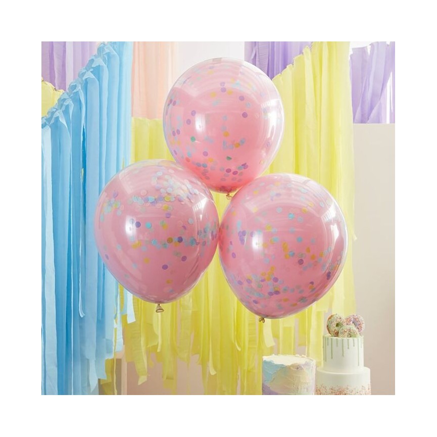 3 Pink with Pastel Confetti Balloons