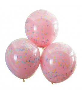 3 Ballons Ballons Rose avec Confetti Pastel