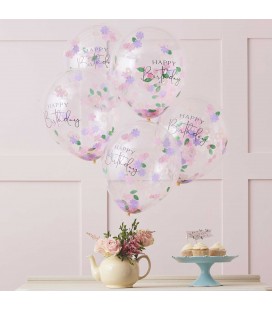5 Luftballons mit Blumen-Konfetti Happy Birthday