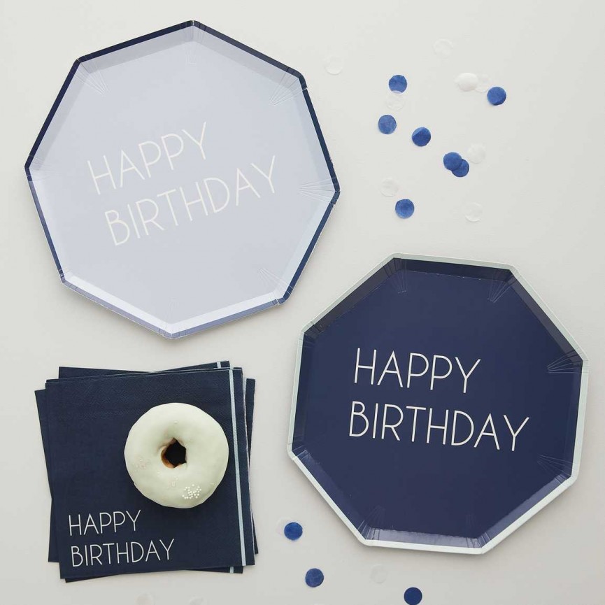 Assiettes Happy Birthday Bleu Marine & Bleu