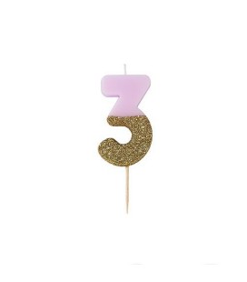 Number 3 Pink Glitter Candle
