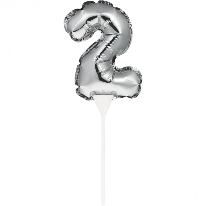 Silberner Cake Topper Miniluftballon Ziffer 2