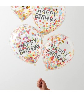 5 Happy Birthday Luftballons mit Regenbogen-Konfetti