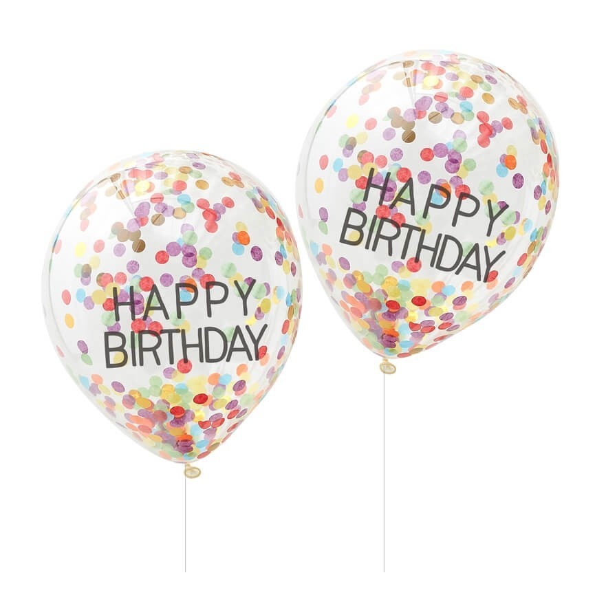 5 Happy Birthday Luftballons mit Regenbogen-Konfetti