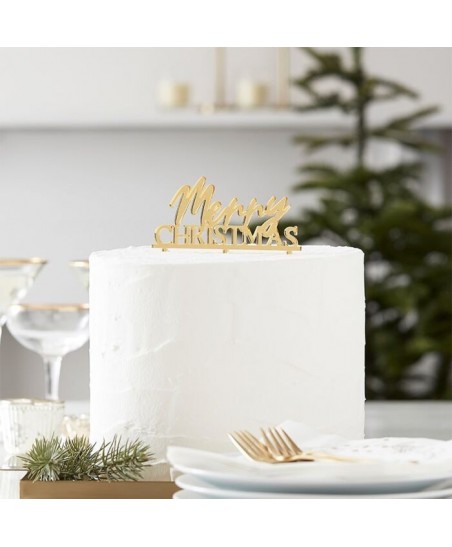 Cake Topper Acrylique Doré Merry Christmas
