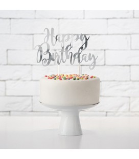 Cake Topper Happy Birthday Argenté