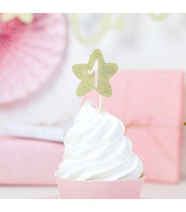 6 Cupcake Toppers Star Gold "One"